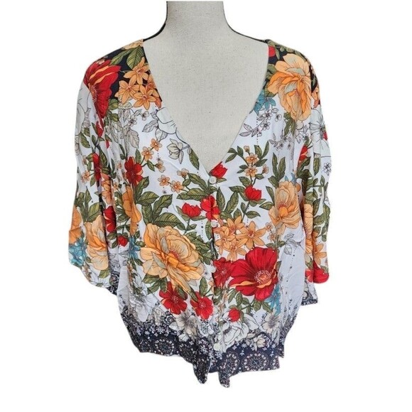 FARM Rio Tops - Farm Rio Reyna Floral Blouse Size XL Boho City Flowy Viscose Made in Turkey
